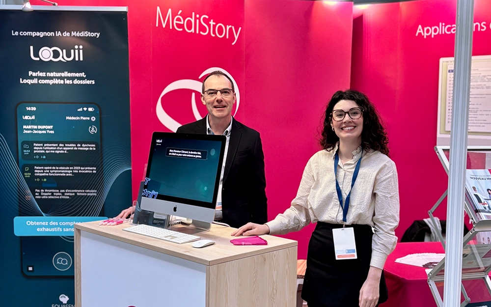 Équipe MediStory sur le stand MG France qui présentent l'IA vocale Loquii