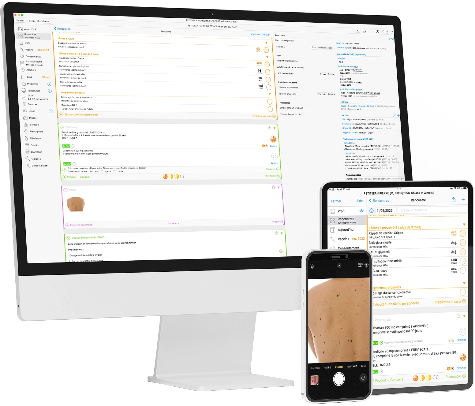 Vues de l'application MediStory sur iMac, iPad et iPhone