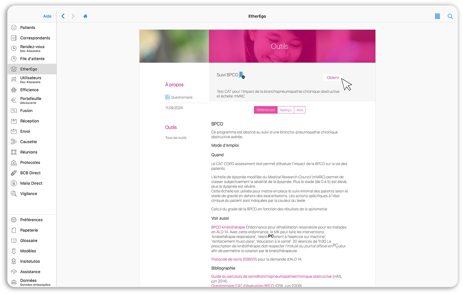 Capture d'écran de la communauté EtherEgo et du questionnaire BPCO
