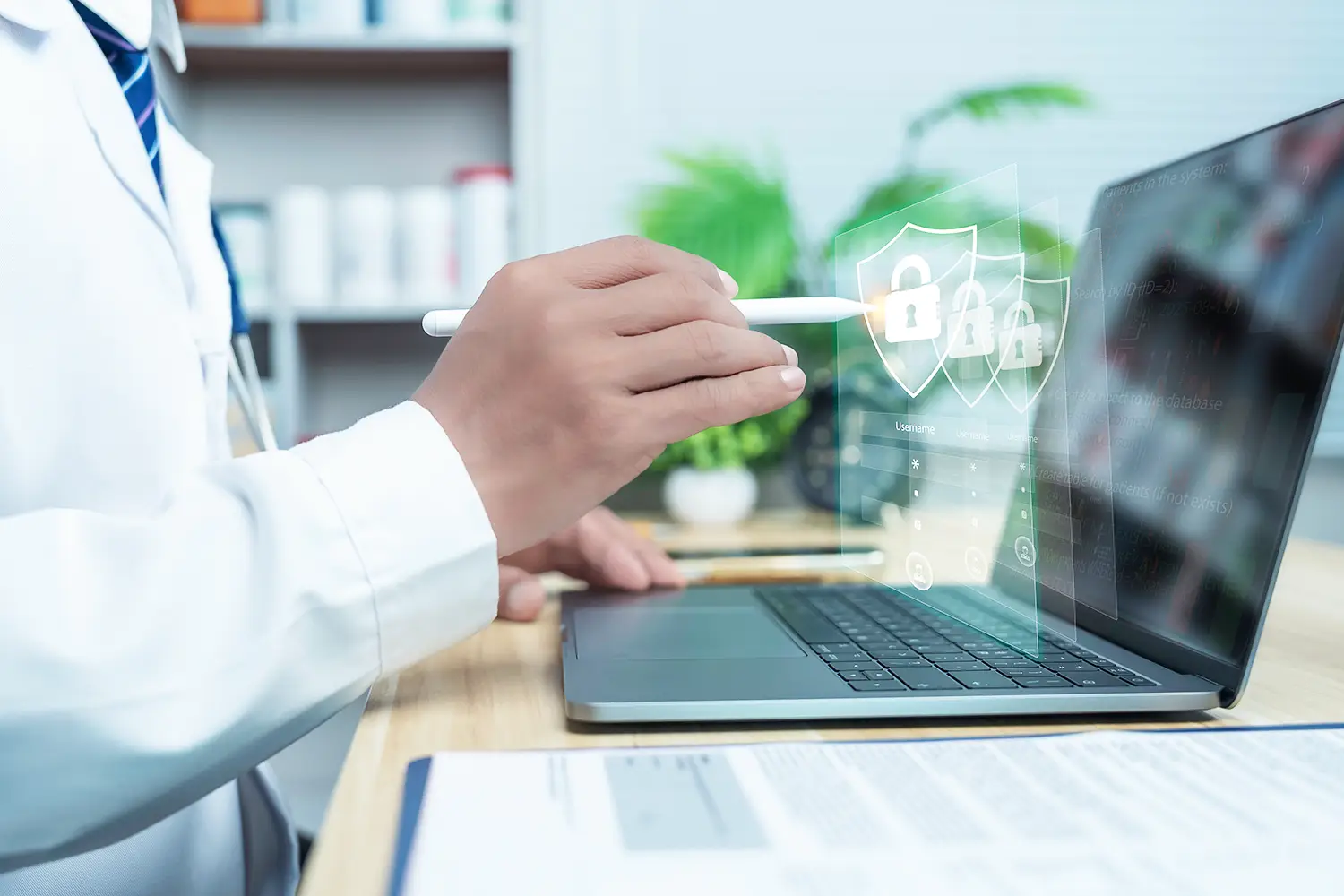 Médecin homme utilisant un Mac pour se connecter à son logiciel de santé.