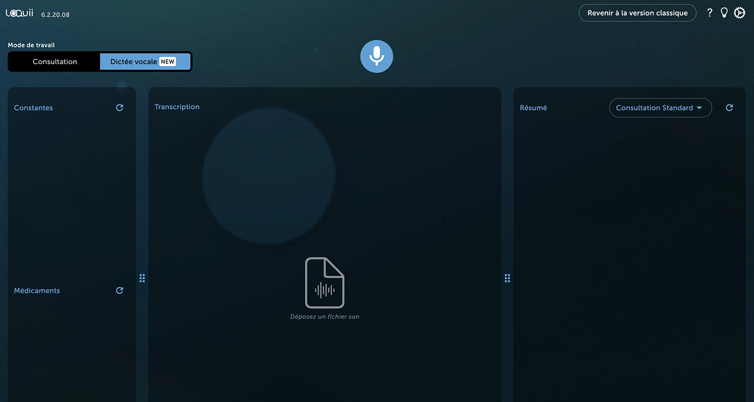 Fenêtre du mode de dictée de l'IA vocale médicale Loquii