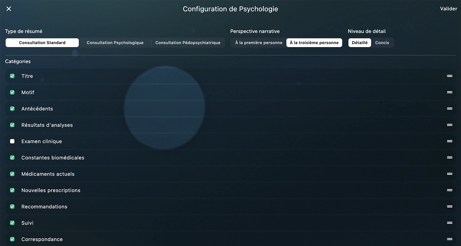 Fenêtre de personnalisation de l'IA vocale médicale Loquii